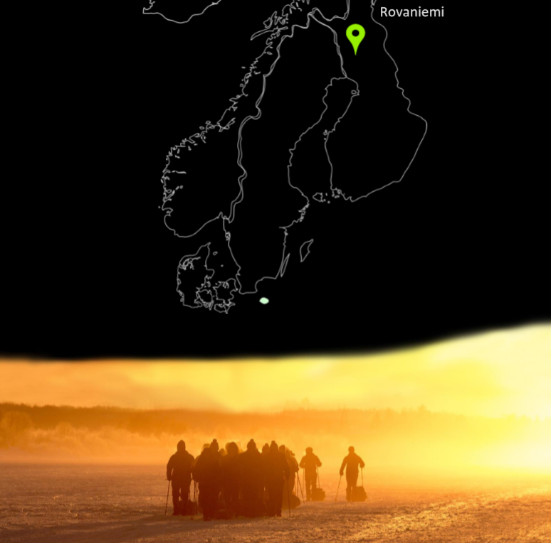 Breaking Strain graphic with a map of Finland, and an image of arctic trekkers walking in the arctic circle at sunset hour.